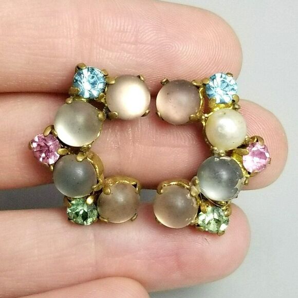 Vintage Made in Germany Pastel Rhinestone Moonglow Clip On Earrings Retro Estate - Picture 1 of 9